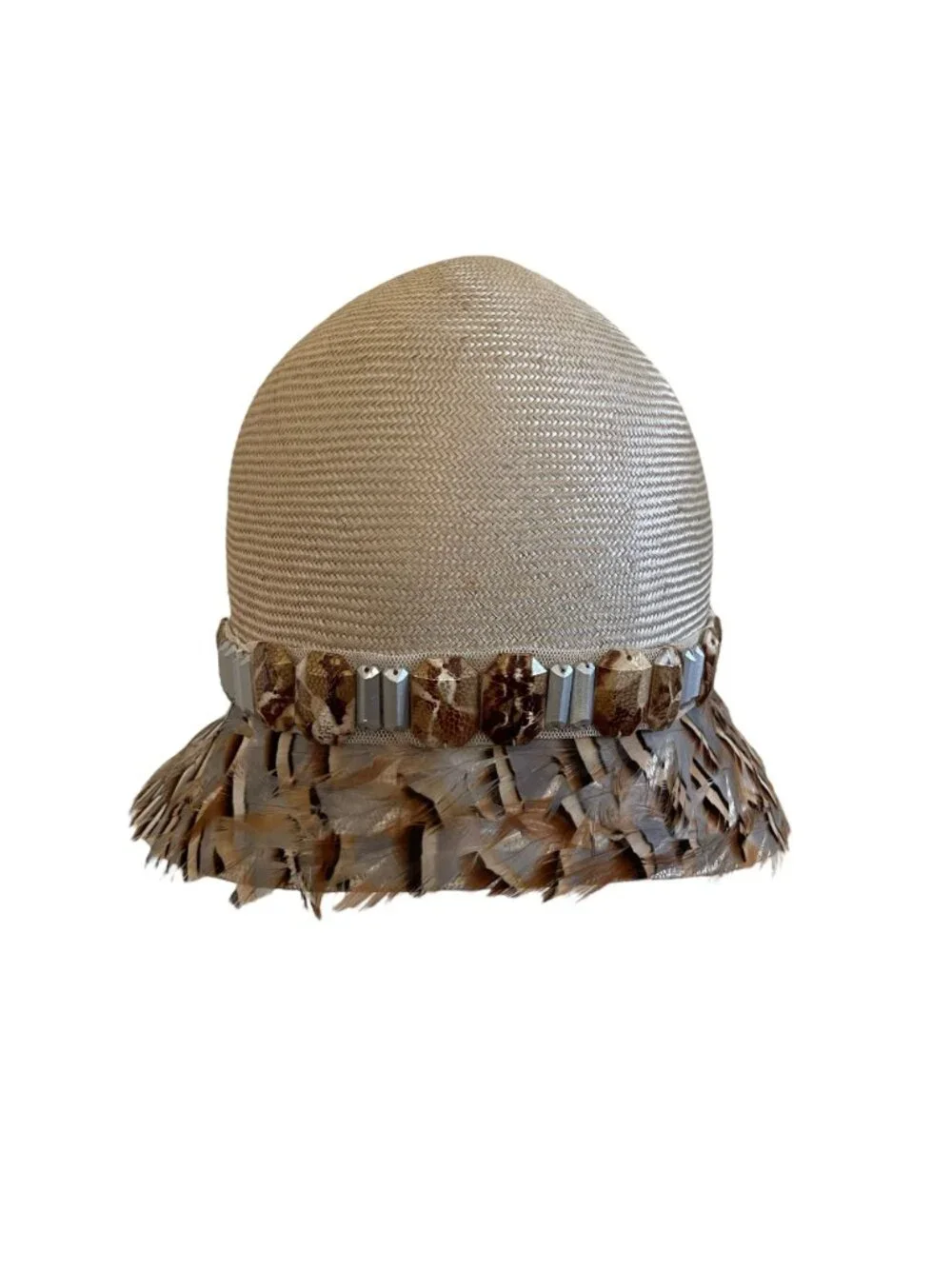 Louise Green Feathered Cloche Hat With Beaded Trim Made In USA
